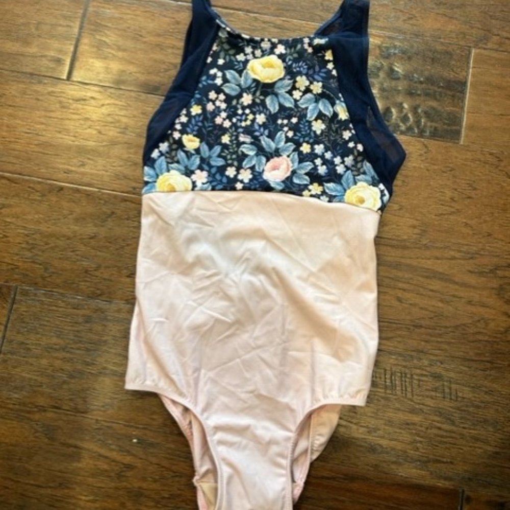 Eleve Dancewear Yumiko Leotard Ballet Blue and Pink with Floral and Mesh
